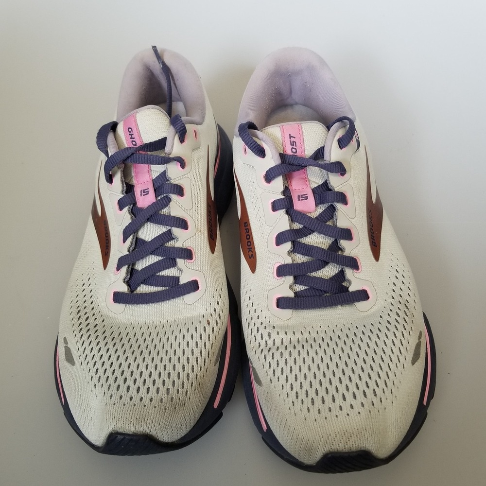 Brooks Ghost 15 Running Shoes Womens Size 9 White Purple Pink Athletic Mesh